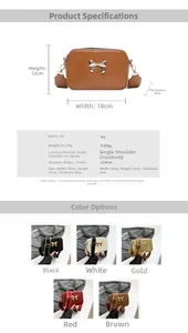 Detailed size specifications for bow shoulder bag measuring 18x12x8cm in five colors