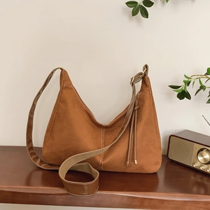 Sac Fourre-Tout Hobo Vintage En Daim Pour Femmes Surpiqûres Contrastées Décor De Glands Bandoulière Réglable Sac À Main Décontracté