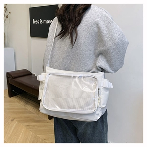 Detailed back view of a white Ita bag messenger with adjustable strap and clear window