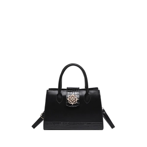 Sac fourre-tout noir rétro en cuir avec texture crocodile et boucle dorée
