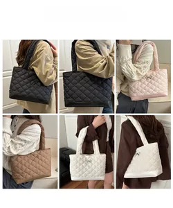 Detailed views of quilted shoulder tote bags with bow metal decor in four colors