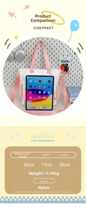 Detailed view of the large capacity nylon tote bag with star print and dimension table