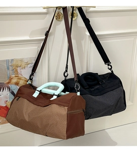 Dual large capacity travel duffel bags with plaid patterns and adjustable shoulder straps