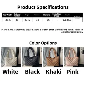 Size chart showing large diamond quilted tote bag dimensions and four available colors