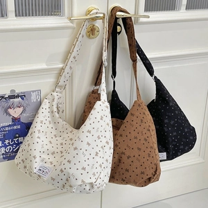 Women Corduroy Shoulder Bag Minimalist Bow Heart Print Large Capacity Adjustable Strap Casual Crossbody Tote Bag For Daily Use