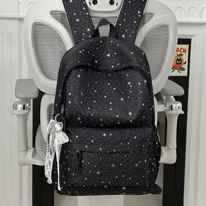 Sac à dos scolaire noir avec motifs étoiles blanches et nœud en dentelle décoratif