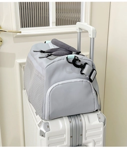 Detail showing the light grey gym bag sleeve attached to a white suitcase handle