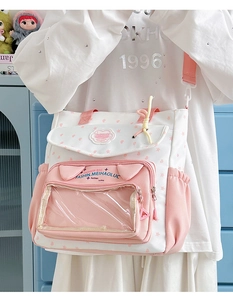 Close-up of pink and white canvas ita bag with star print and transparent window detail