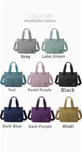 Multi-pocket nylon handbags available in 8 colors including black, blue, and purple