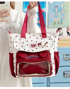 Detail of red and white canvas tote with transparent PVC window and star pattern prints