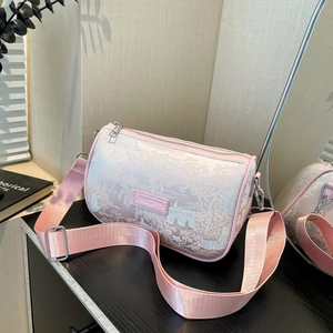 Pink New Chinese style embroidered barrel bag with landscape pattern and wide strap