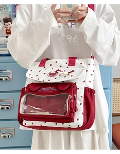 Detail of red and white Ita bag with clear window and star pattern for pins