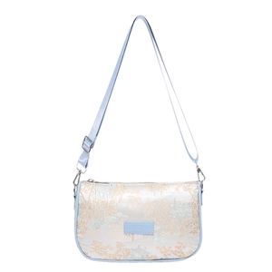 Elegant Chinese style jacquard crossbody bag with classical embroidery and blue leather strap