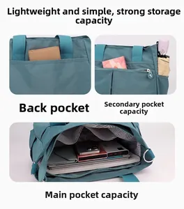 Multi-compartment storage detail of a water-resistant teal nylon tote bag with main pockets