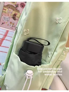 Detail of the green backpack side pocket with drawstring holding a black umbrella