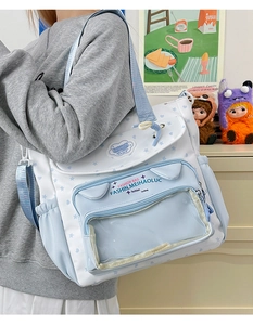 Detail view of the transparent PVC window and adjustable strap on this light blue school bag