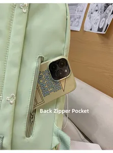 Detail view of the hidden anti-theft back zipper pocket on mint green backpack