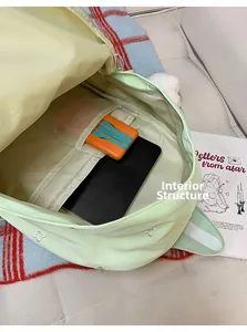 Detail showing the internal storage space of a mint green backpack with flower embroidery
