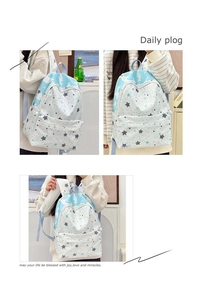Star pattern canvas backpack detail showing side and back view on casual model