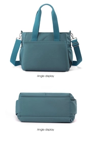 Front, back and bottom view of teal nylon large capacity tote bag with adjustable strap