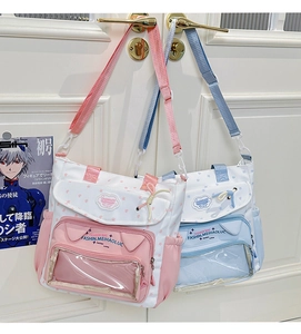 Detail view of Japanese style canvas tote bag with transparent window and cat ear design