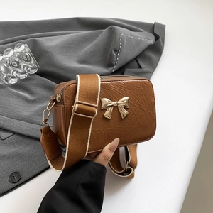 Korean Sweet Bow Wide Strap Crossbody Bag For Women Pleated PU Leather Small Square Camera Bag Fashion Shoulder Bag