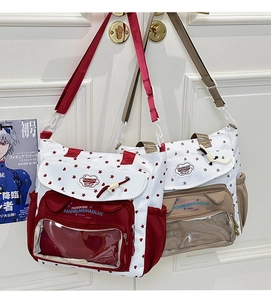 Detail of transparent star-patterned tote bag showing PVC window and PU leather material