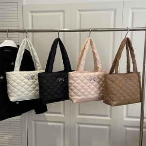 Women Quilted Nylon Tote Bag Minimalist Large Capacity Argyle Pattern Shoulder Bag With Bowknot Decoration For Commuting