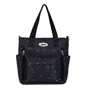 Borsa tote in tela nera con motivo a stelle bianche e tasche multiple con cerniera