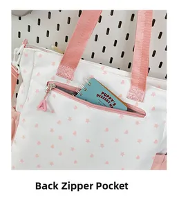 Detailed view of the functional back zipper pocket on the white patterned tote bag