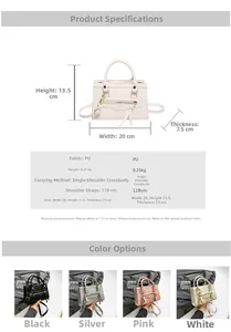 Detailed size specifications and color variants of the minimalist PU leather crossbody bag
