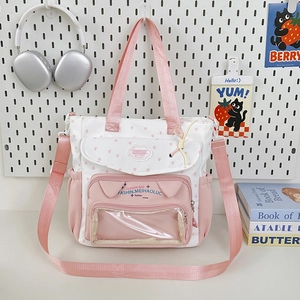 Japanese style pink star print tote bag with transparent window and cat ear decor