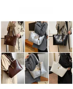 Collage of chic large capacity tote bags in four colors with decorative ball charm accents
