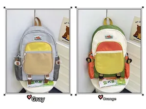 Detail view of nylon backpack in gray and orange colorways with side buckles and fashion patch