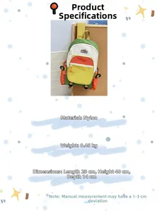 Detail view of colorful nylon backpack showing 28x40x14cm size and 0.45kg weight