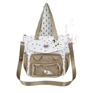 Transparent large capacity tote bag with white star prints and brown nylon shoulder straps
