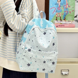 Star print large capacity backpack in light blue and beige canvas for students