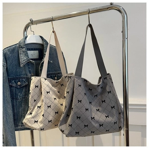 Borsa Tote in Velluto a Coste Donna Grande Capacità Motivo Rombico Fiocco Borsa a Spalla Casual Urbano Semplice Borsa a Mano