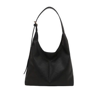 Minimalist black hobo shoulder bag in textured PU leather with adjustable strap