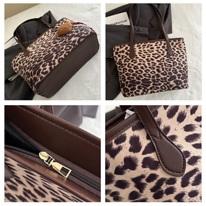 Detailed views of leopard print tote bag with brown straps, gold zipper, and plush charm