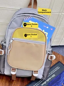 Detail view of multi-pocket storage system on color-block nylon backpack
