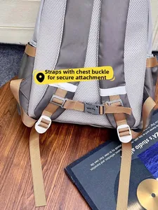 Detail of nylon backpack featuring breathable mesh back and adjustable chest buckle strap