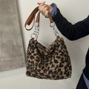 Damen Leopard Muster Plüsch Tote Bag Kunstfell Große Kapazität Umhängetasche Mit Kette Herbst Winter Mode Handtasche