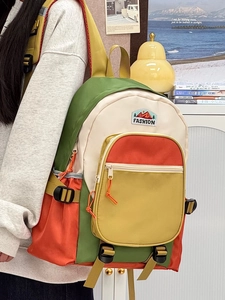 Colorful nylon patchwork backpack with front zipper pocket and adjustable buckles