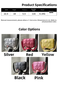 Quilted nylon crossbody bag dimensions showing width 22.5cm and height 18cm in five colors
