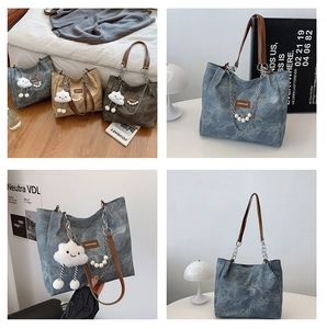 Detailed views of denim tote bags with pearl decor and plush cloud charms in various colors