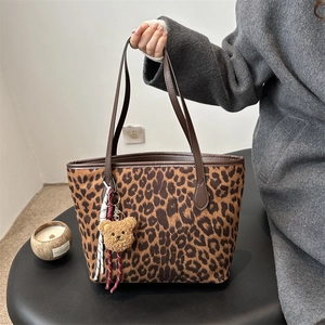 Leopard Print Suede Tote Bag For Women Urban Minimalist Large Capacity Commuter Shoulder Bag With Plush Bear Charm Decor