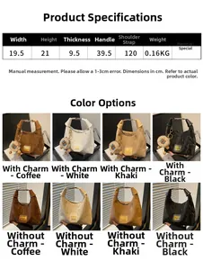 Detailed size specifications and color options for the pleated shoulder bag with dimensions