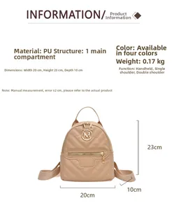 Detailed size specifications of beige quilted mini backpack with M logo 20x23x10cm