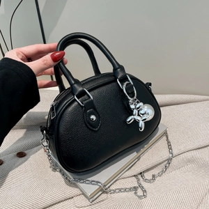 Fashion Women Mini Crossbody Bag Lychee Pattern PU Leather Bowling Handbag With Metal Chain And Cute Balloon Dog Pendant